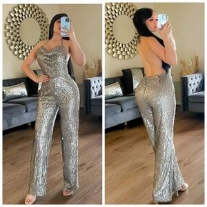 Women's Halter Cowl Neck Silver Sequin Cocktail Jumpsuit By Adixion. Size S